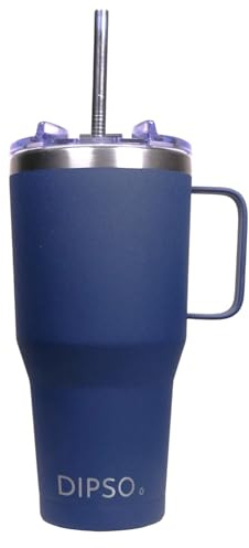 DIPSO Taza Térmica de Acero Inoxidable con Tapa a Rosca Antiderrames y Pajita - Vaso Térmico con Asa Metálica Soldada para Casa, Coche y Oficina - Mantiene Frío y Calor (900 ml Azul)