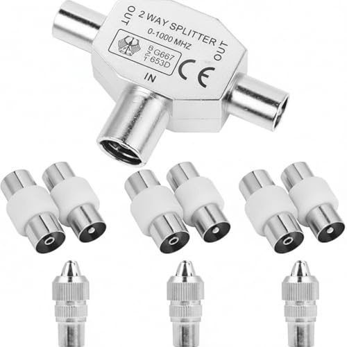 TV Aerial Splitter - 2-Way, 1 Female to 2 Male Coaxial Aerial Splitter with 7pcs TV Aerial Connector Adapter, Compatible with Cable TV & Antenna, Signal Booster, Shielded Metal Housing