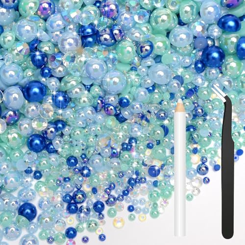 Bouiexye Mezcla de perlas planas de 80 g, diamantes de imitación azules para ropa, perlas semicirculares, diamantes de imitación para manualidades, rostro, uñas, botellas, vasos, zapatos, regalo