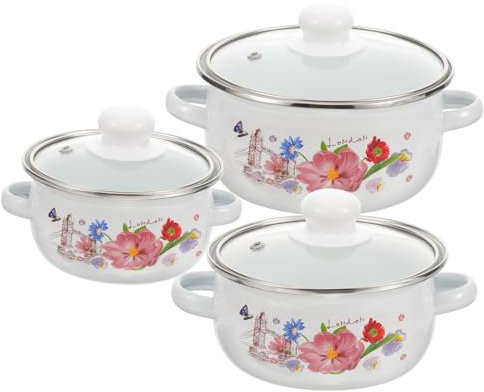 GALPADA Pentola per Cucinare Smaltata Doppio Manico Pentola per Stufati Resistente all'Usura Motivo Floreale per Zuppa da Cucina Portatile Set da 3 Pezzi