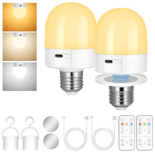 AUAUY 2pz Lampadina LED E27, Magnetica Staccabile, con Telecomando | Magnetica USB, 3 Temperature di Colore, Ricaricabili & Dimmerabili