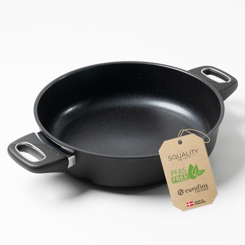 Squality Premium Sauteuse Pfanne 28 cm Doppelgriff – PFAS-freie Antihaft Pfanne aus Dänemark | Ofenfest bis 260 °C, induktionsgeeignet, ergonomisch geformt, für gesundes Kochen ohne Schadstoffe