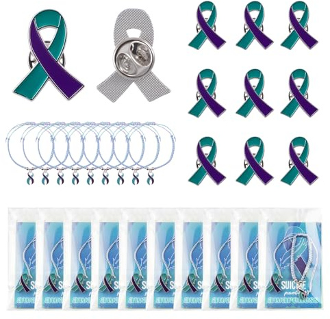 WANDIC 10 Sets Pins Ruban Sarcelle et Violet, Épingles Broche en Métal pour La Prévention du Suicide et des Agressions Sexuelles Bracelet Ajustable avec Breloque et Carte de Texte