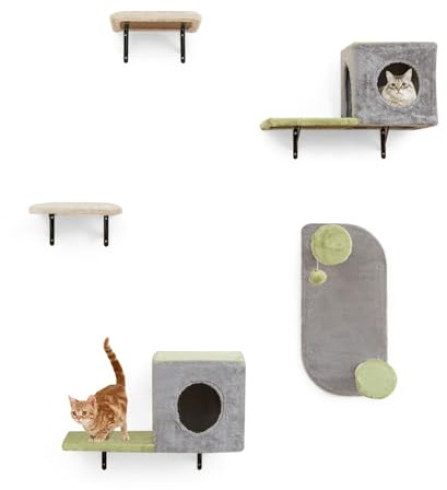 COSTWAY 5 PCS Kletterwand Katzen, Kratzbaum mit Ball & Kratzpfosten, 2 Katzenhöhle, 2 Plattformen, Katzenbaum Wand, Katzentreppe Kletterbaum Brücke, Katzenmöbel Grau