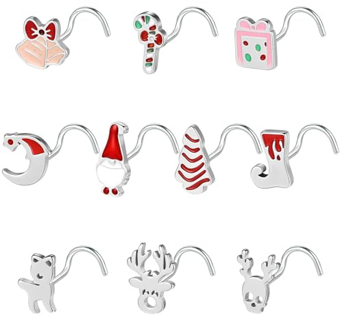 BodyAce Christmas Nose Studs 20g Nostril Rings for Women Nose Piercing Kit Stainless Steel Nostril Stud l Shaped Corkscrew Christmas Jewellery