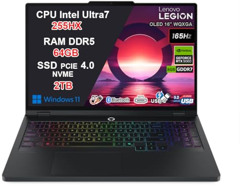 Lenovo Legion Pro 5 Pc Gaming Portatile ULTRA 7 255HX 20 Core, 64 GB RAM DDR5, GeForce RTX 5060 8GB, 2TB SSD, Notebook Gaming Oled Display 16 165Hz, Laptop Gaming Tastiera RGB, WiFi 7, Thunderbolt 4