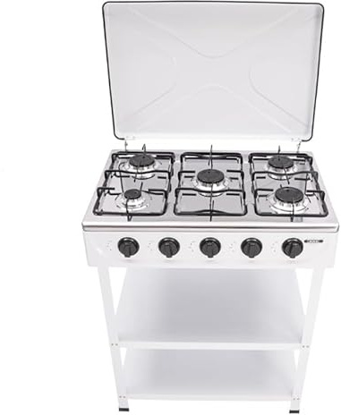 Gaskochfeld Flammen Erdgasherd Gasherd Tragbarer Campingofen 2.5KW Mit 5 Brennern Freistehender Naturgasherd Mit 2 Etagen Regal Deckel Manuelle Zündung Für Erdgas Für Camping Outdoor Wohnmobil Weiß
