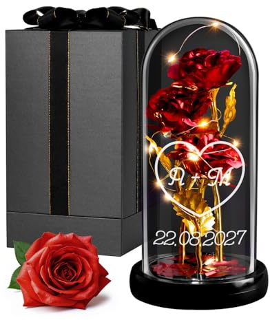 Maverton Rose Eternelle sous Cloche LED avec Gravure, Rose Immortelle Rouge | Avec Lumière Chaude LED, Idee Cadeau Couple, Cadeau Personnalisé Amour pour Amis Saint-Valentin Mariage, Coeur