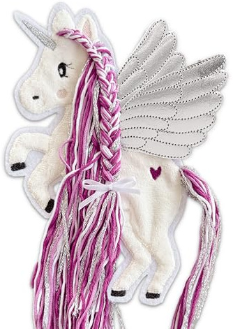 Applikation Pegasus mit Wollmähne Pink Beere Silber Aufbügler Einhorn mit Flügel für DIY Schultüte Zuckertüte Bügelbild Patch Bügelpatch Pferd weiß Glitzer (Groß (14x19 cm))