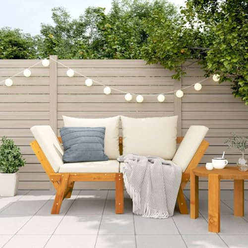 Teenpull Akazienholz Gartenbank mit Kissen, 2-in-1 Umwandelbar zum Tagesbett, Robustes Massivholz für Terrasse, Veranda, Outdoor Benches Wetterfest, Cremeweiß, 160-205 cm