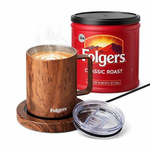 Folgers 12 Ounce Coffee Mug Warmer & Mug Set for Desk, Cup Heater – Electric Beverage Warmer Plate for Coffee & Tea