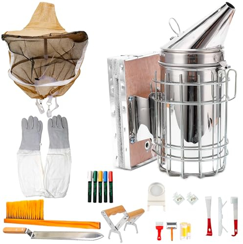 Duseu Bee Keeping Starter Kit, 20 PCS Beekeeping Supplies, Bee Smoker, Queen Bee Marking Tool Set, Veil, Beehive Tools, Uncapping Tool, Feeder Equipment