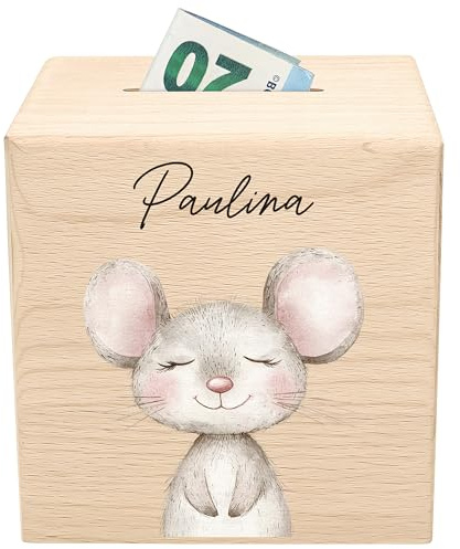 Maus Spardose für Kinder personalisiert Bauernhof Tiere Sparbox aus Holz Sparschwein mit Schlüssel Geschenk für Jungen & Mädchen Holzspardose