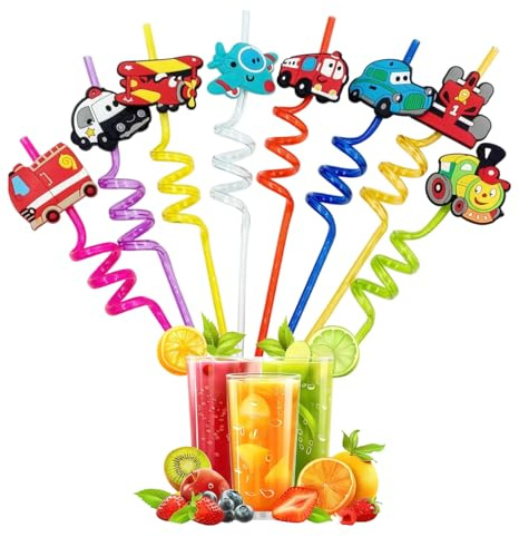 WUMZIRA 8 Cannucce Riutilizzabili per Bambini - Cannucce Plastica a Tema Auto da Corsa per Feste di Compleanno e Party - Cannucce Colorate a Spirale Senza BPA per Succhi e Frullati