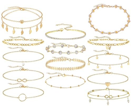 ZXTGBQ 16PCS Fußkettchen für Damen Gold Fussketten für Frauen Layered Fusskette Set Gänseblümchen Perlen Fusskette Stapelbare Fusskettes Set Sommer Strand Fußschmuck Geschenk