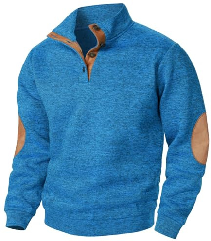 FlutVolt herrtröja ståkrage pullover bomull långärmad ledig tröja enfärgad arbetströja fritid ulltröjor med knappslå vintertröjor ståkrage pullover herr, BLÅ, S