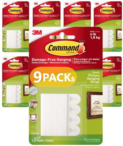 Command Small Picture Hanging Strips - 9 Packs of 4 Pairs (72 Strips) - for Pictures, Frames, Mirrors, Wall Decor - Damage Free Hanging
