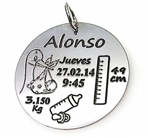 Minoplata Anhänger Sterling-Silber mit Namen, Größe, Gewicht, Zeit und Datum der Geburt des Babys und Figuren von Storch, Lineal, Babyflasche und Schnuller, perfekt für ein besonderes Geschenk