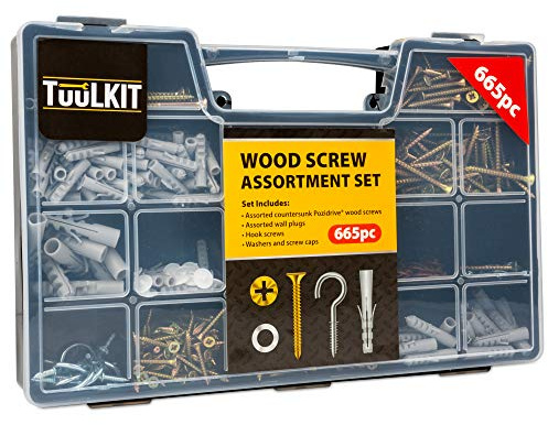 Tuulkit 665pc Wood Screw Assortment Set - Pozidrive Screw Set Includes assorted Countersunk Wood Screws, Plastic Wall Plugs with Anti-rotating Fins, Stainless Steel Hook, Washers