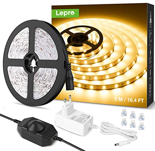 Lepro LED Strip 5M, Warmweiß 3000K Dimmbar, 300 LEDs, 12V Selbstklebend, IP20 Band, Flexible DIY Leiste, Lichtband Kette Mit Netzteil für Innen Küche Dekoration