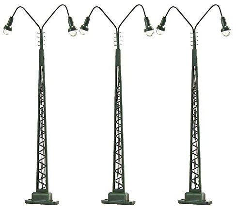 Evemodel 3 Stück Doppelkopf Gittermastleuchten Spur H0 1:87 LED | 3 Stück | Spur H0 1:87 | Doppelkopf Gittermastlampe | Warmweiß LED