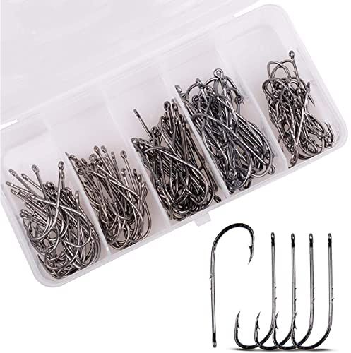 130pcs Baitholder Fishing Hooks Set High Carbon Steel Fishing Hooks with 2 Barbs Black Long Shank Worm Hook Assortment Kit for Freshwater Saltwater Sizes 4#-2/0
