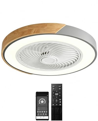 LANMOU Deckenventilator mit Beleuchtung, 52 cm LED Holz Deckenlampe mit Ventilator Leise, Sommer- & Winterbetrieb, Reversibler Luftstrom, Dimmbar 3000K-6000K, App & Fernbedienung, Grau