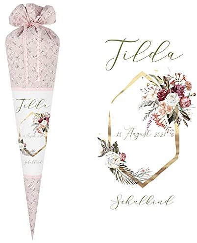 Manufaktur Liebevoll Florale Schultüte aus Stoff personalisiert mit Namen des Kindes I Boho Zuckertüten mit verschiedenen Motiven für Mädchen (Motiv Tilda)