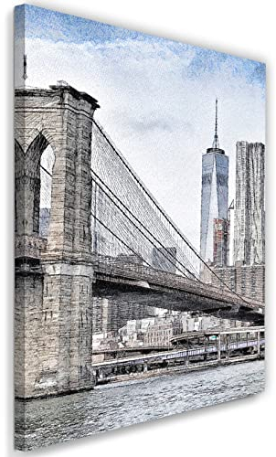 Feeby Vlies Leinwandbild Big Apple New York NYC USA 60x90 cm Druckbild Wandbild Wanddekoration Deko Wand Aesthetic World Trade Center One Amerika Brooklyn Bridge Manhattan Grau
