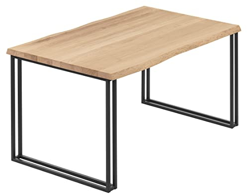 LAMO Manufaktur Esstisch Küchentisch Schreibtisch Couchtisch aus Massivholz, mit Baumkante 140x80x76 cm (AxBxH), Frame, Natur/Schwarz, LAB-01-A-002-9005Fr