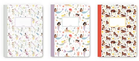 dabelino® Set di 3 quaderni A5 per bambini/bambine: a righe (sirena, fata, elfo, cavallo) – quaderno per compiti a casa, quaderno per scrivere e regalo per la scuola