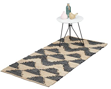 Relaxdays Alfombra Pasillo Rectangular, Zigzag, 70x140 cm, Algodón y Yute, Antideslizante, Tejida a Mano, Negro y Beige