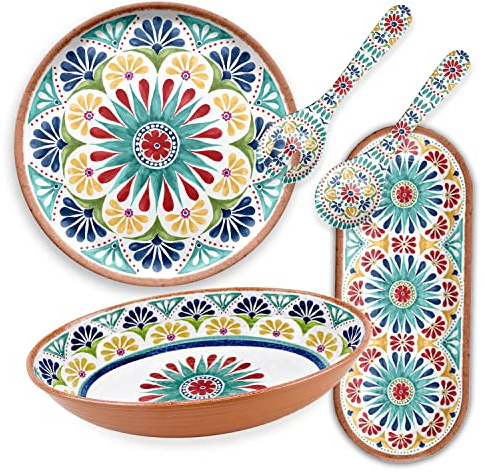 Purely Home Rio Medallion Melamine/Plastic Outdoor/BBQ/Picnic - Oval Bowl, Oval Tray, Round Tray & Salad Servers Set