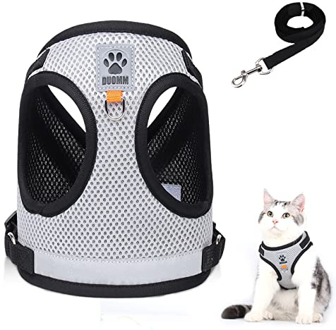 Kattkoppel set för katter, polyester justerbar kattsele med koppel, kattväst med reflekterande ränder för kattungar hundar (storlek S – bröstomkrets: 30–34 cm, grå)