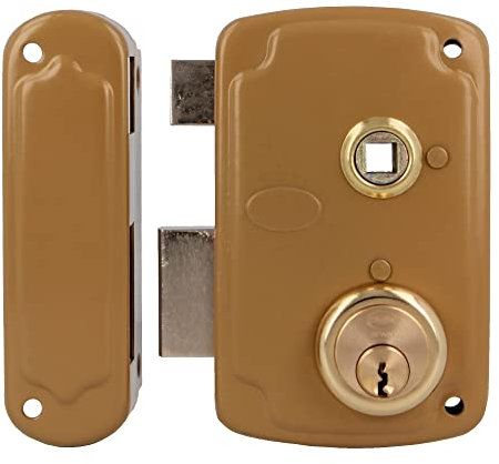 Amig - Serratura da sovrapposizione a sinistra con leva di chiusura e linguetta per porte in legno Mod. 75UN 76 x 120 mm Cilindro rotondo di sicurezza acciaio dorato