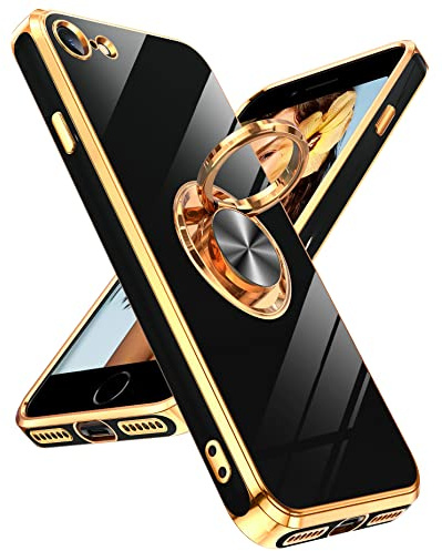 LeYi for iPhone SE 2022/2020/7/8 Case | Heavy Duty Protection Cover with Built-in Ring Holder Shiny Plating Gold Edge Silicone Luxury Case Black