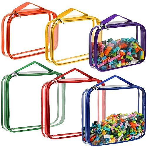 Sanwuta 6 Packs Toy Storage Bags, PVC Organizing Case Bags with Zipper, Waterproof Toy Container for Board Games, Building Blocks, Puzzles, Small Toys and Kids Books(Large, Small,Bright Color)