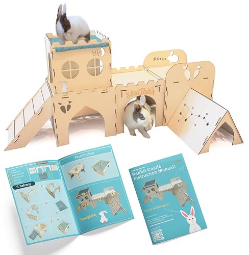 Soulthink® Extra großes Kaninchenversteck und Schloss – einfach zu montierende Holzhäuser und Verstecke mit Rampen und Tunneln Hasenschloss und Kaninchenhaus für Kaninchen zum Verstecken und Spielen