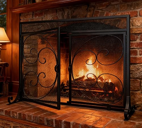 Kingson Fireplace Screen with Hinged Doors Magnetic 2 Panels Sturdy Steel Frame Durable Metal Mesh Decorative Free Standing Fireplace Spark Guard- Black