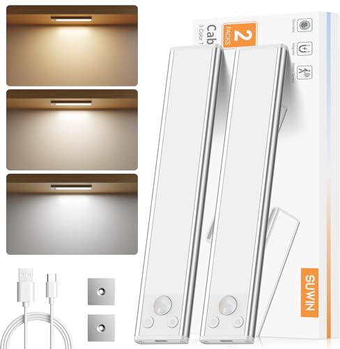 SUWIN Schrankbeleuchtung LED mit Bewegungsmelder, USB Wiederaufladbar Dimmbar Unterbauleuchte Küche, Led Lichtleiste für Kleiderschrank, Treppe, Spiegel, Wand -2 Stück