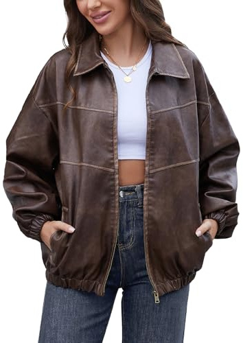 Bakyarder Womens Oversized Y2K Faux Leather Jackets Vintage Plus Size Fashion Motorcycle Coats Fall Fashion Outfits 2025 Coffee X-Large
