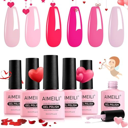 AIMEILI Gel Nail Polish Set Pink, 6pcs Valentine's Day Hot Pink Rose Red Gel Polish Kit Soak-Off UV/LED for Nail Art Salon DIY Home, Easy to Apply 8ml - Gift Kit 64