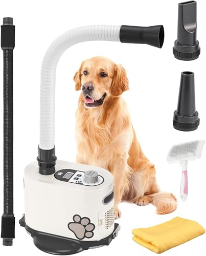 Mxmoonant Asciugabiancheria per cani da 3000 W con tubo rigido e tubo flessibile, mani libere, display LCD, regolazione del vento e della temperatura, spazzola lisciante e asciugamano idratato per