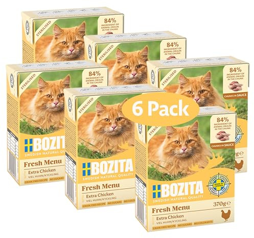 Bozita Tetra Sterilised Snack in salsa con molto pollo, 6 x 370 g, cibo umido per gatti senza cereali, senza zucchero, senza ingegneria genetica, con 8,5% di proteine e 4,5% di grassi, di alta qualità