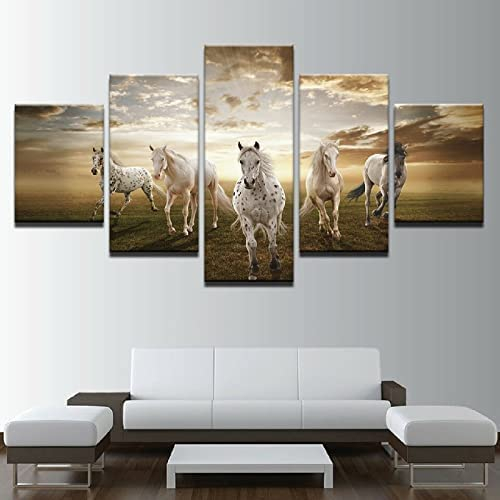 Wandkunst Leinwanddrucke 5 Stück Leinwand Bilder Moderne Wandbilder Wohnzimmer Wohnkultur Modulare Bilder 5 Teiliges Wandbild Herde Von Pferden, Die Auf Dem Gras Laufen Poster Malerei Kunstwe -0F2J-I5