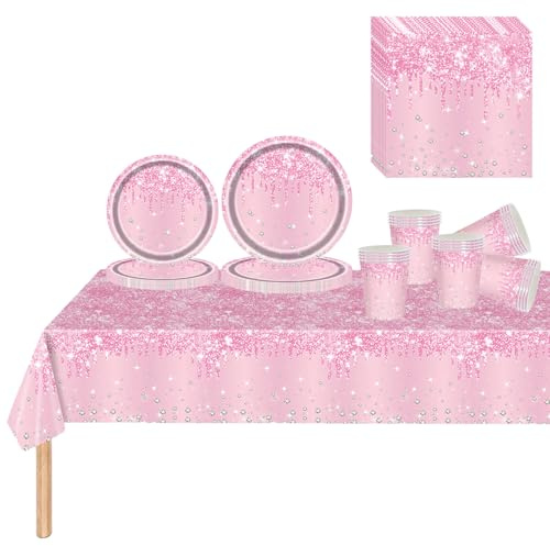81 Pcs Pink Baby Party Tableware Set for Girls, Women, Kids & Adult Birthday, Wedding, Baby Shower, Including Plates, Cups, Napkins, Tablecloth