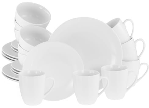 CreaTable, 21928, Série Luna Blanche, service de vaisselle 24 pièces, service à combiner en porcelaine, adapté au lave-vaisselle et au micro-ondes, production de qualité.