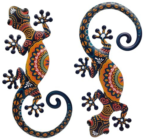 Liffy Metall-Echsen Wanddekoration 2er-Set, 38 cm - Wetterfeste Gecko-Skulptur für Garten, Zaun & Wohnzimmer, goldfarben (Innen & Außen)