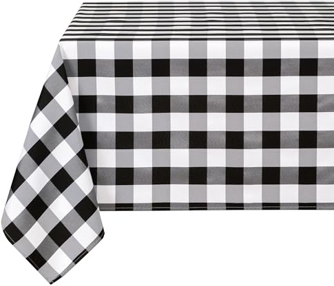 DWCN Karierte Tischdecke Abwaschbar Tischdecke Outdoor Wetterfest Wachstischdecke Fleckschutz Wasserdicht Garten Tischdecken für Draußen Esszimmer Party Hochzeiten, Schwarz und Weiß, 110x140cm