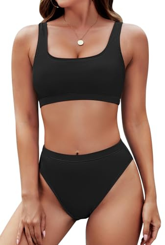 Rosa Queen damer crop top bikini set 2 delar hög midja cut push up vadderad, svart, XL